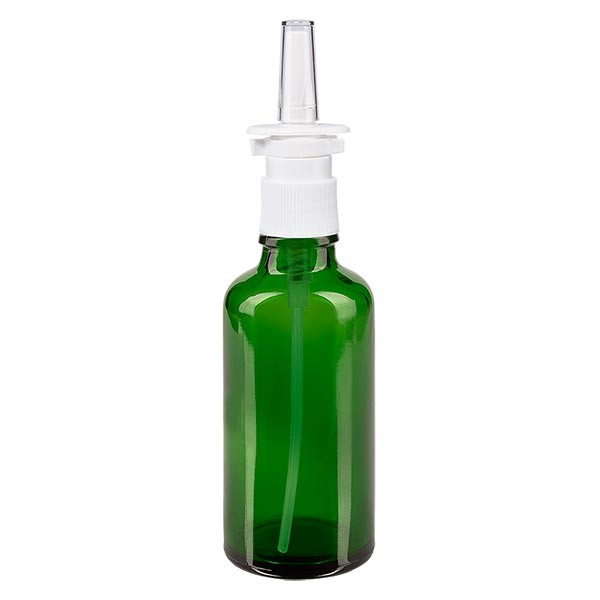 Flacon compte-gouttes vert 50 ml avec spray nasal blanc