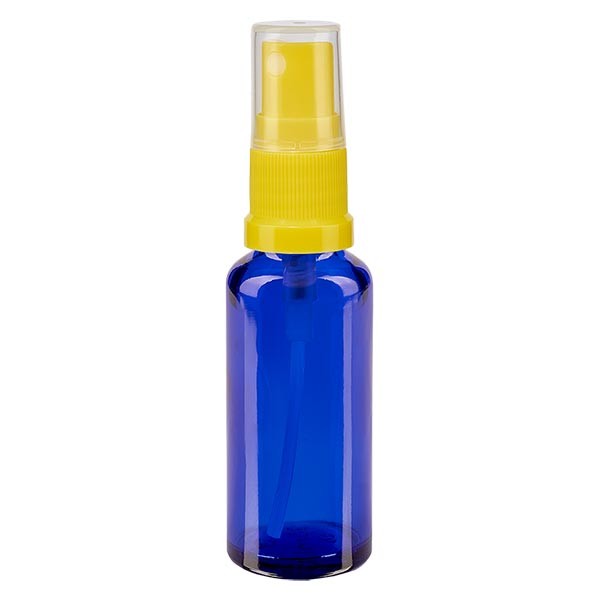Flacon compte-gouttes bleu 30 ml avec vaporisateur à pompe jaune