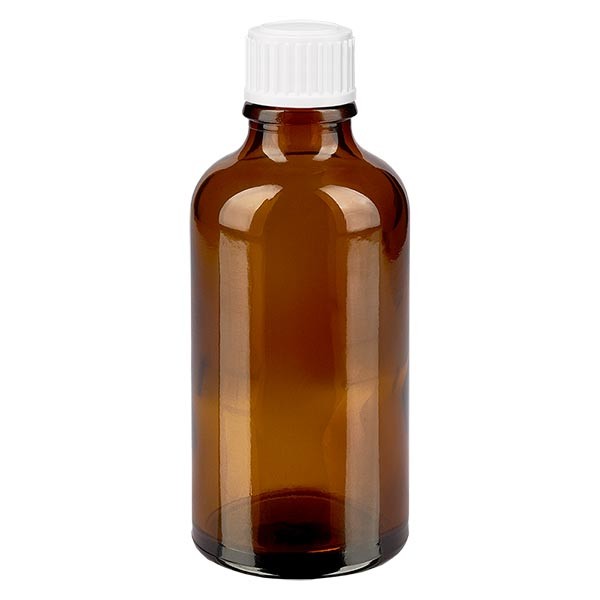 Flacon pharmaceutique ambre 50 ml bouchon compte-gouttes 0.8 mm blanc standard
