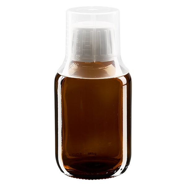 Flacon médical norme européenne de 100 ml, avec bouchon à vis blanc et gobelet doseur de 30 ml