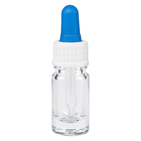 Flacon pharmaceutique clair 5 ml pipette blanche/bleue standard