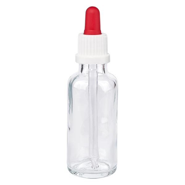 Flacon clair 30 ml + pipette rouge et blanche à système d&#039;inviolabilité
