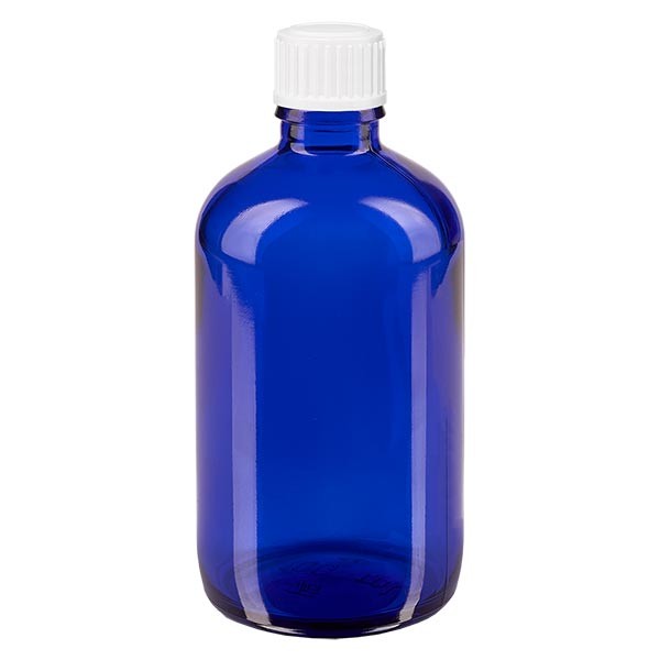Flacon pharmaceutique bleu 100 ml bouchon a vis blanc standard