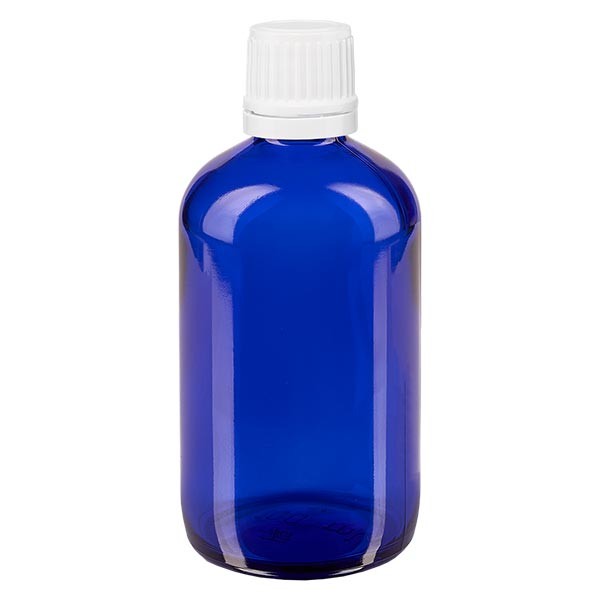 Flacon pharma. bleu 100 ml bouch. compte-g. prem. 1.2 mm blanc inviol.