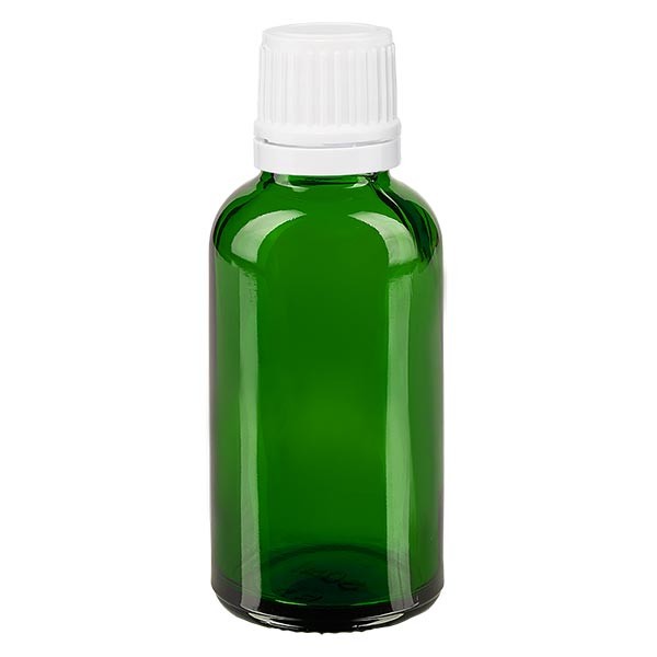 Flacon pharma. vert 30 ml bouch. compte-g. prem. 1.2 mm blanc inviol.