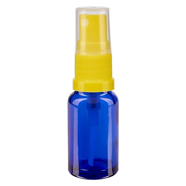 Flacon compte-gouttes bleu 10 ml avec vaporisateur à pompe jaune