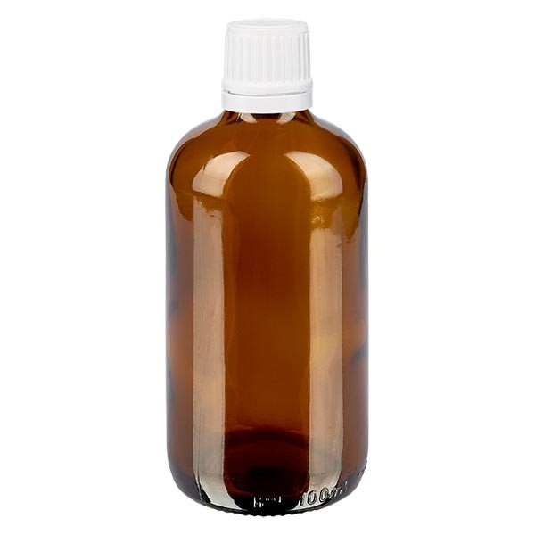 Flacon pharmaceutique ambre 100 ml bouchon compte-gouttes blanc bague inviolable