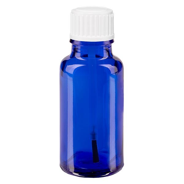 Flacon pharmaceutique bleu 20 ml bouchon à vis blanc pinceau inviolable