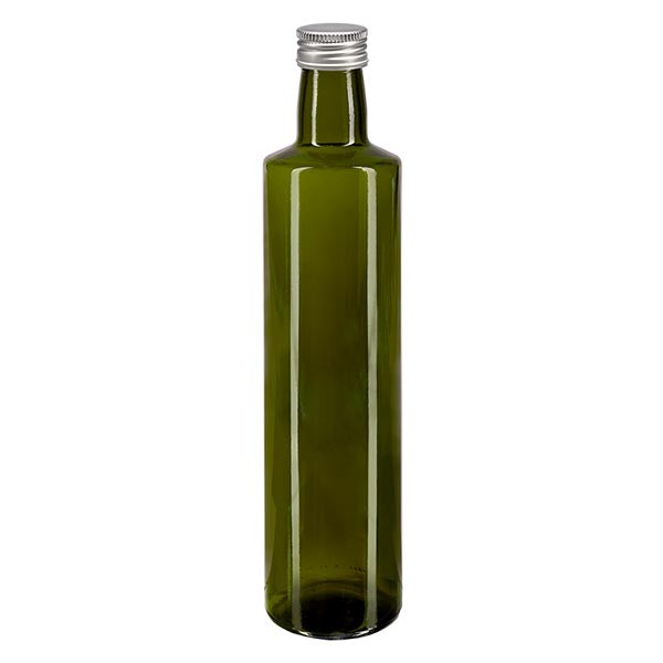 Bouteille d&#039;huile 500 ml ronde, vert olive, avec capsule à vis argentée en aluminium (PP 31,5 mm)