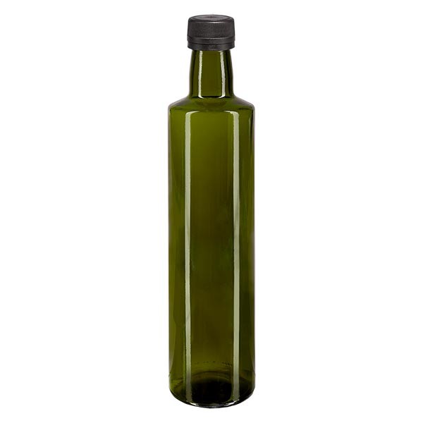 Bouteille d&#039;huile 500 ml ronde, vert olive, avec capsule à vis noire (PP 31,5 mm), bague anti-gouttes et système d&#039;inviolabilité