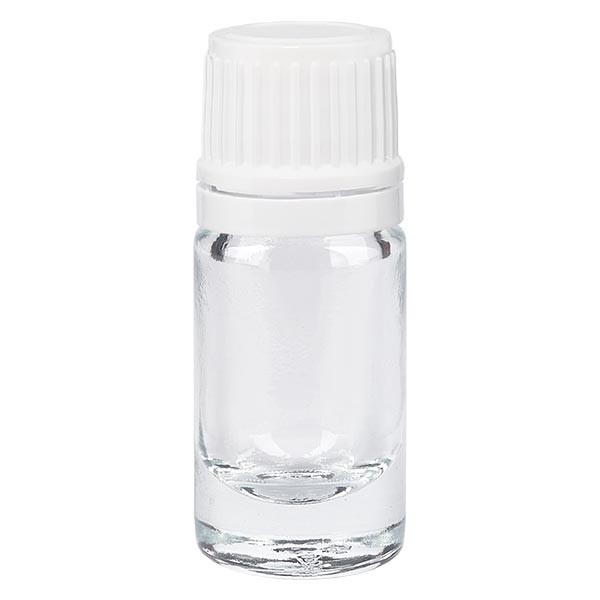 Flacon pharmaceutique clair 5 ml bouchon compte-gouttes 1,2 mm blanc inviolable