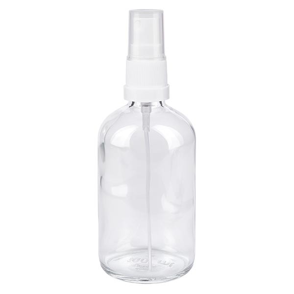 Flacon compte-gouttes clair 100 ml avec vaporisateur à pompe blanc