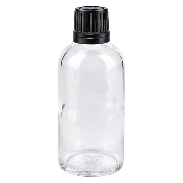 Flacon pharmaceutique clair 50 ml bouchon à vis noir bague anti-g. inviolable