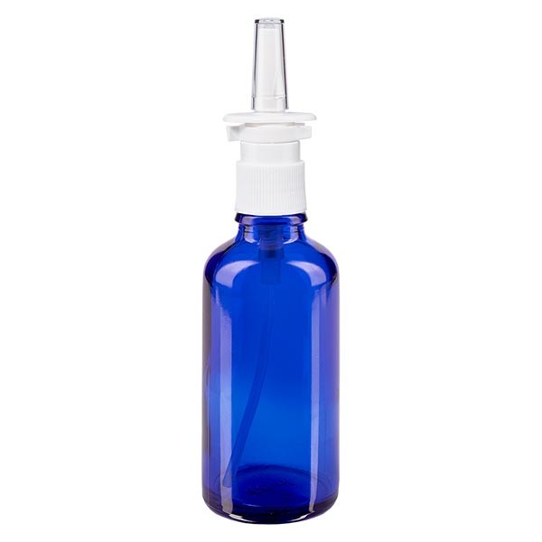 Flacon compte-gouttes bleu 50 ml avec spray nasal blanc