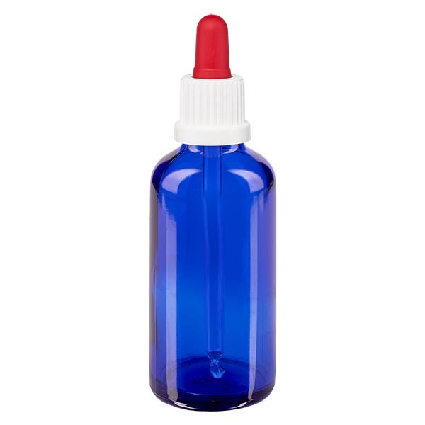 Flacon bleu 50 ml + pipette rouge et blanche à système d&#039;inviolabilité