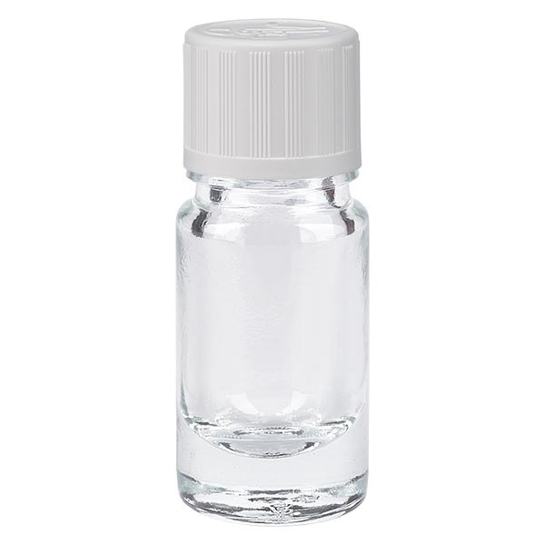 Flacon pharmaceutique clair 5 ml bouchon à vis blanc séc. enf. standard