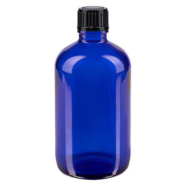 Flacon pharma. bleu 100 ml bouch. à vis noir st