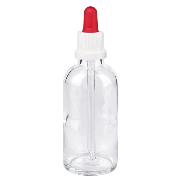 Flacon clair 50 ml + pipette rouge et blanche à système d&#039;inviolabilité