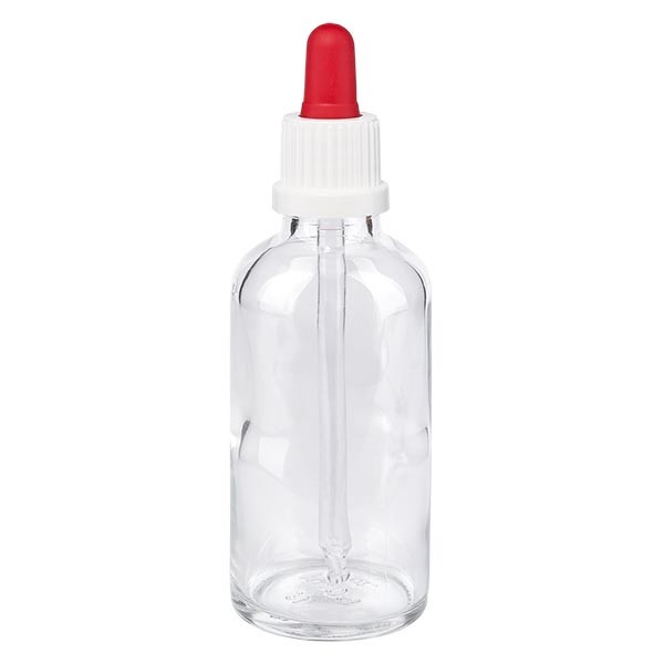 Flacon clair 50 ml + pipette rouge et blanche à système d'inviolabilité, bouteilles TRANSPARENTES, Flacons à pipette, Verre