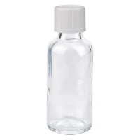 Flacon pharmaceutique clair 30 ml bouchon à vis blanc séc. enf. standard Flacon pharmaceutique clair 30 ml bouchon à vis blanc séc. enf. standard
