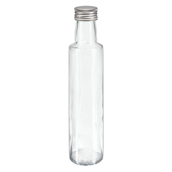 Bouteille à liqueur 250 ml ronde, en verre clair + capsule à vis argentée en aluminium (PP 31,5 mm)