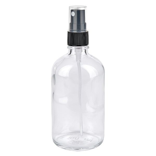 Flacon compte-gouttes clair 100 ml avec vaporisateur à pompe noir