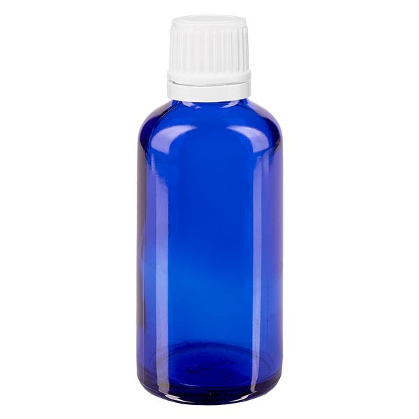 Flacon pharma. bleu 50 ml bouch. compte-g. prem. 1.2 mm blanc inviol.