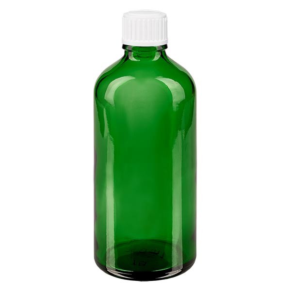 Flacon pharma. vert 100 ml bouch. compte-g. blanc 0,8 mm st
