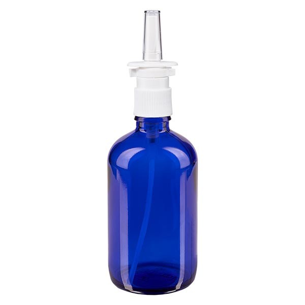 Flacon compte-gouttes bleu 100 ml avec spray nasal blanc