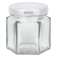 Bocal hexagonal de 47ml avec couvercle BioSeal blanc UNiTWIST Bocal hexagonal de 47ml avec couvercle BioSeal blanc UNiTWIST