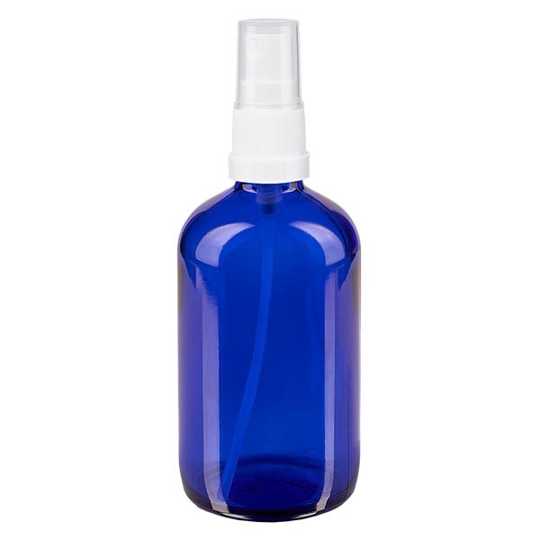 Flacon compte-gouttes bleu 100 ml avec vaporisateur à pompe blanc