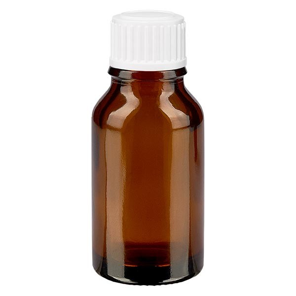 Flacon pharmaceutique ambre 15 ml bouchon compte-gouttes 0.8 mm blanc standard