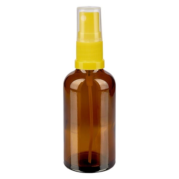 Flacon compte-gouttes ambré 50 ml avec vaporisateur à pompe jaune