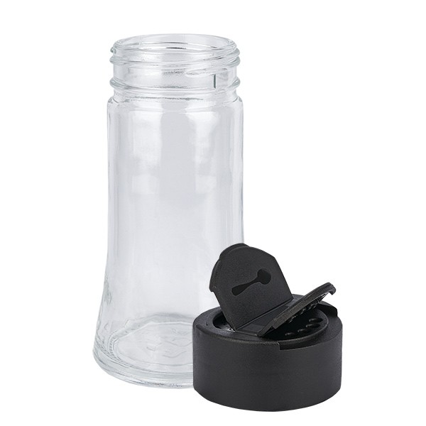 Pot à épices de forme cylindrique 95 ml avec filetage 41 mm, en verre transparent avec couvercle à broyeur dévissable, noir