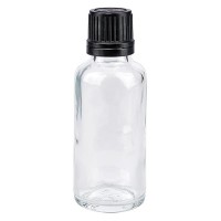 Flacon pharmaceutique clair 30 ml bouchon à vis noir bague anti-g. inviolable Flacon pharmaceutique clair 30 ml bouchon à vis noir bague anti-g. inviolable