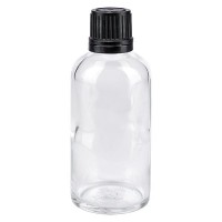 Flacon pharmaceutique clair 50 ml bouchon à vis noir bague anti-g. inviolable Flacon pharmaceutique clair 50 ml bouchon à vis noir bague anti-g. inviolable