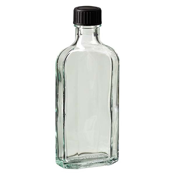 Flasque transparente de 125 ml au goulot DIN 22, avec bouchon à vis DIN 22 noir et joint LKD