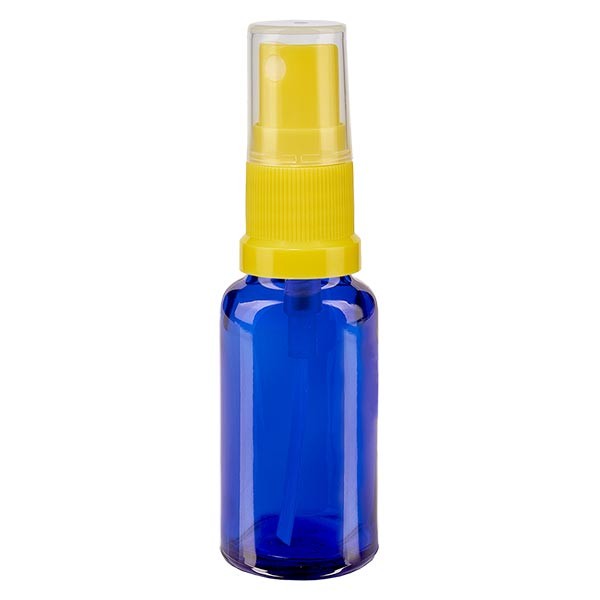 Flacon compte-gouttes bleu 20 ml avec vaporisateur à pompe jaune