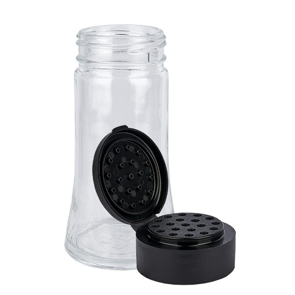 Pot à épices de forme cylindrique 95 ml avec filetage 41 mm, en verre transparent avec couvercle à broyeur dévissable, noir