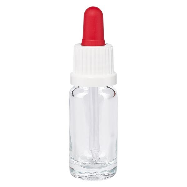Flacon clair 10 ml + pipette rouge et blanche à système d&#039;inviolabilité