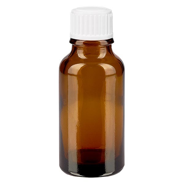 Flacon pharmaceutique ambre 20 ml bouchon a vis blanc standard