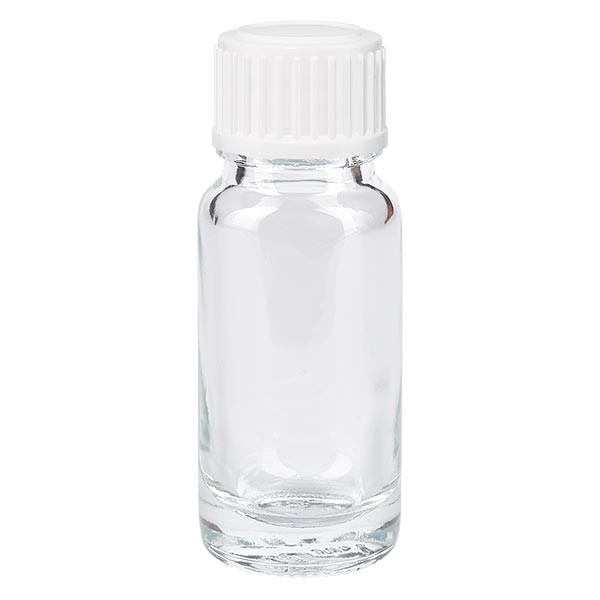 Flacon pharmaceutique clair 10 ml bouchon compte-gouttes 0.8 mm blanc standard