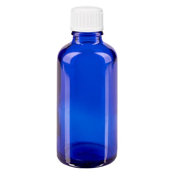 Flacon pharma. bleu 50 ml bouch. à vis blanc globules st