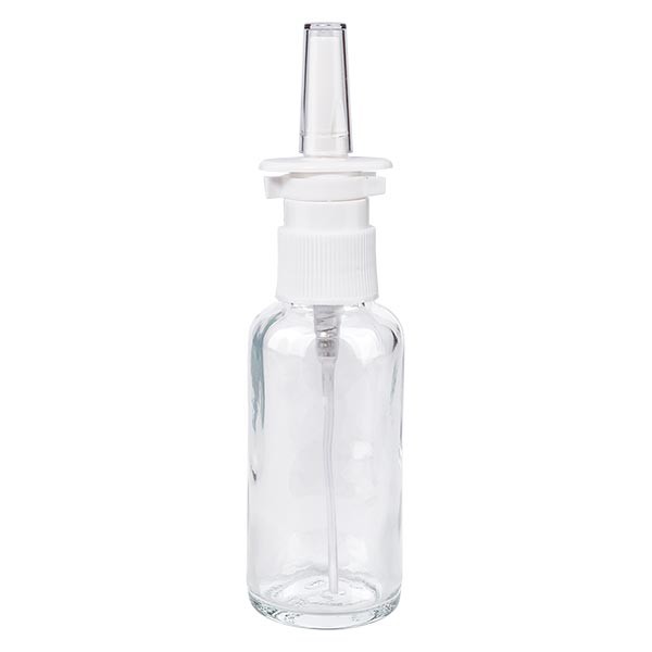 Flacon compte-gouttes clair 30 ml avec spray nasal blanc