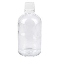Flacon pharmaceutique clair 100 ml bouchon compte-gouttes blanc bague inviolable Flacon pharmaceutique clair 100 ml bouchon compte-gouttes blanc bague inviolable