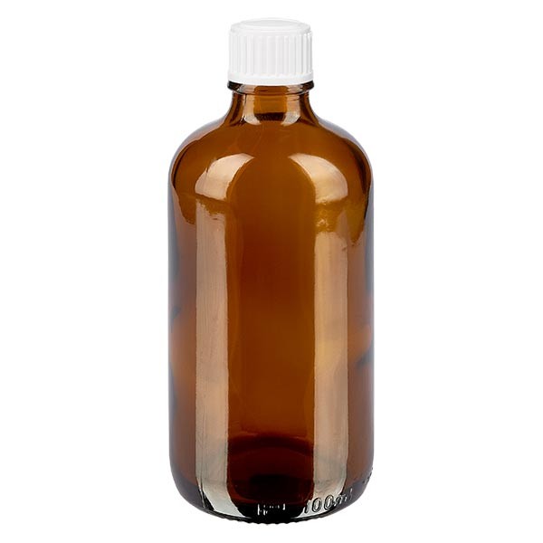 Flacon pharmaceutique ambre 100 ml bouchon a vis blanc standard