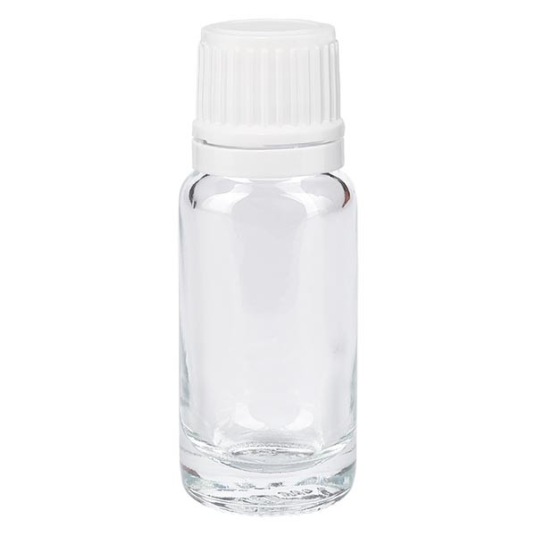 Flacon pharma. clair 10 ml bouch. compte-g. prem. 1.2 mm blanc inviol.