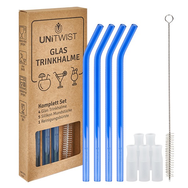 Set de pailles en verre bleu avec embouts souples UNiTWIST