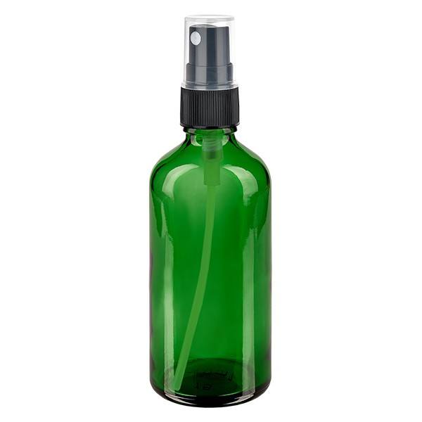 Flacon compte-gouttes vert 100 ml, DIN18 avec spray