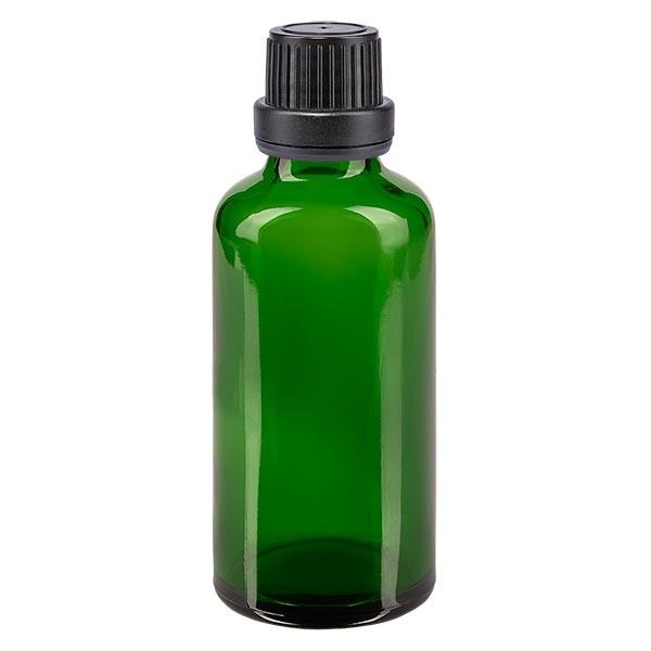 Flacon pharma. vert 50 ml bouch. à vis noir étanche inviol.